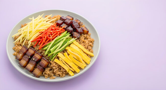 Khao Kluk Kapi with colorful toppings arranged neatly-mango No3