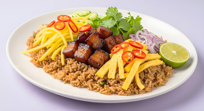 Khao Kluk Kapi with colorful toppings arranged neatly-mango No2