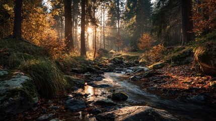 Obraz premium an atmospheric autumn landscape, leaves falling from the trees, a small stream flowing over stones, golden autumn light shining through the treetops 