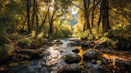 Obraz premium an atmospheric autumn landscape, leaves falling from the trees, a small stream flowing over stones, golden autumn light shining through the treetops 