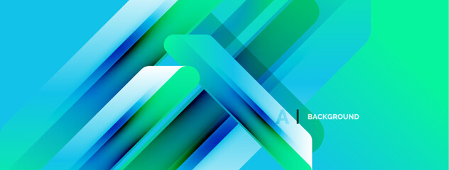 Abstract geometric shapes overlap, creating dynamic blue, green gradients. Modern design suggests technology, innovation, energy.