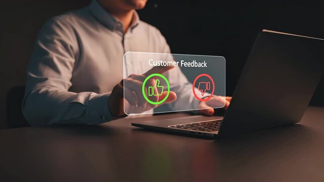 Man hand reaching pointing to holographic thumbs up and thumbs down icons and text showing customer feedback, positive review
