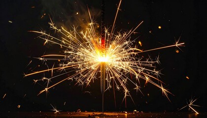 Close-up of a sparkler burning brightly, creating sparks and trails against a dark background
