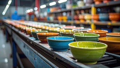 Colorful ceramic bowls arranged on a conveyor belt in a factory setting, with shelving in background