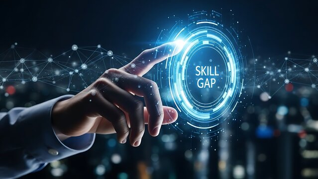 A person interacting with a glowing digital interface representing artificial intelligence and futuristic technology in a blurred cityscape - Powered by Adobe