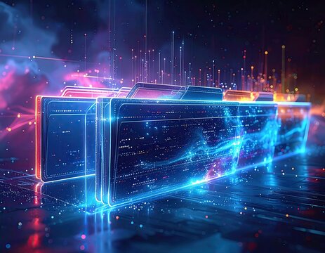 Digital folders radiate with energy, showcasing data visualization and abstract lines - Powered by Adobe