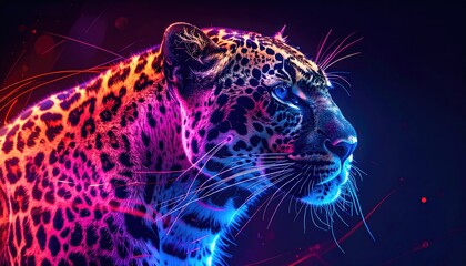 Digital art of a jaguar in profile, vibrant neon colors, dark background