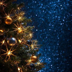 Abstract Merry Christmas and New Year design holiday card with snowflakes Sparkling christmas tree is shining with gold and silver lights 