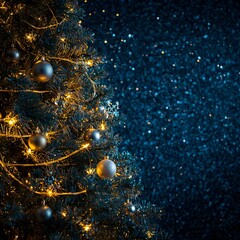 Abstract Merry Christmas and New Year design holiday card with snowflakes Sparkling christmas tree is shining with gold and silver lights 