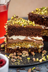 Chocolate pistachio layer cake slice with cream filling