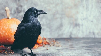 Obraz premium Black bird stands beside pumpkin and autumn decorations on a gray surface