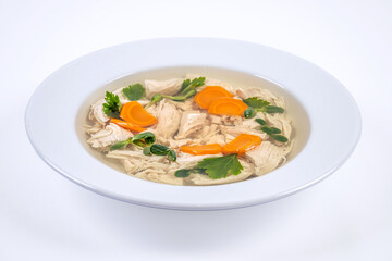 Chicken aspic with vegetables in white plate