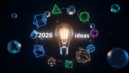 Glowing incandescent light bulb surrounded by colorful geometric shapes and the text 2026 ideas on a dark background