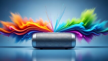 Silver cylindrical speaker emitting vibrant rainbow colored sound waves and light streaks audio music