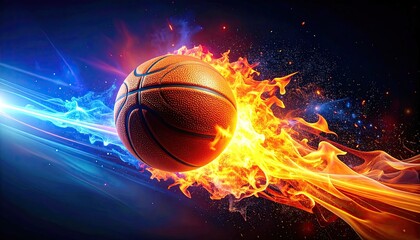 Fototapeta premium A vibrant basketball encircled by flames and water streams, creating a dynamic sports image