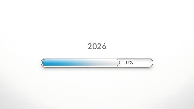 Blue progress bar showing 10 percent completion for the year 2026 on a white background loading - Powered by Adobe