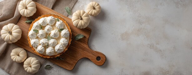 Warm moody pumpkin pie with mini pumpkins and pinecones in rustic autumn setting 