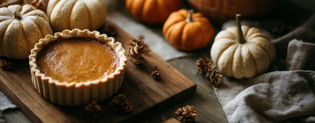 Pumpkin tart with white mini pumpkins on wooden board and neutral background with ample negative space for autumn food design