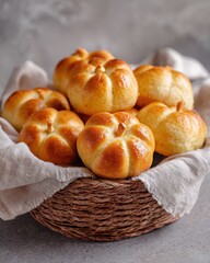 Close-up pumpkin-shaped dinner rolls in soft rustic basket for autumn baking theme