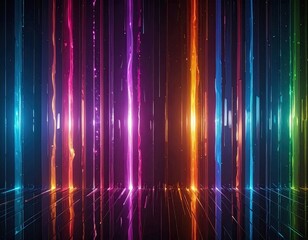 Vertical bands of vibrant neon colors in a dark space, reflective ground