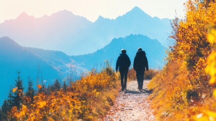 Couple walks on a trail in autumn mountains during daylight hours