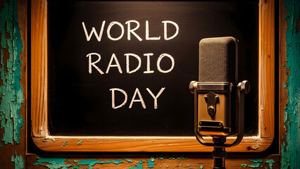 Vintage microphone on blackboard with World Radio Day message chalk