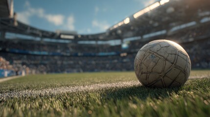 pitch-level view of a football match in a large stadium. The football is close to the viewer. Daytime, blue skies, warm diffuse lighting. Hyper-realisitc

