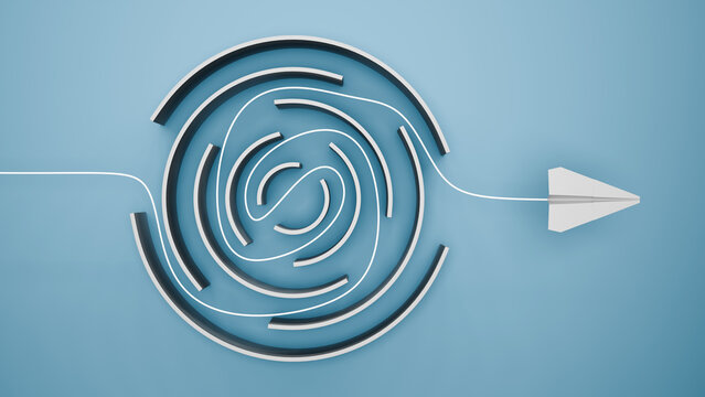 Paper airplane successfully navigates the circular maze, showing problem solving, strategy, and complex challenge, 3d render