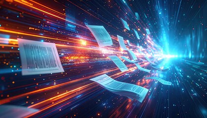 Digital documents streaming through a dynamic data tunnel with bright blue and orange hues