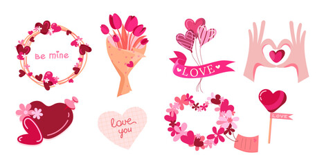Valentines Day Love Icons Set with heart lollipop, flowers, wreaths, bouquet, hand gesture, love elements for Valentines cards, stickers, packaging, social media, invitations, fashion print. Vector