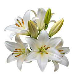 Fototapeta premium Elegant cluster of white lilies with buds on transparent background