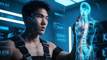 Examining hologram spine anatomy in lab. Man interacts with skeleton interface and gesture control. Athlete uses technology for medical analysis. Human posture and nerve detail with spinal overlay. - Powered by Adobe