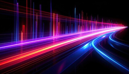 Neon light streaks blaze across a dark backdrop, creating an abstract, futuristic perspective