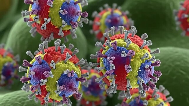 Microscopic footage of multiple colorful virus cells invading organic human tissue