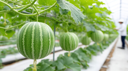 Fresh organic watermelons grow in vibrant farm greenhouse showcasing lush greenery and healthy plants. scene captures essence of sustainable agriculture and nature bounty