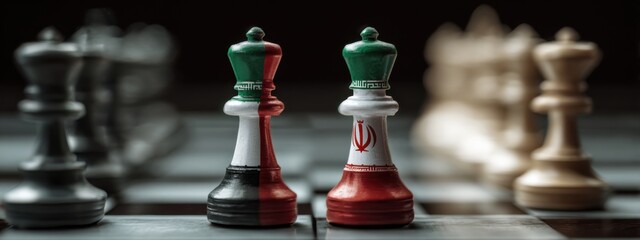 Two chess pieces stand on a board during a game between black and white sides with a focus on the kings