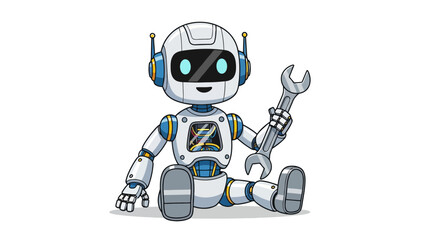 Cute cartoon robot sitting while holding a large silver wrench