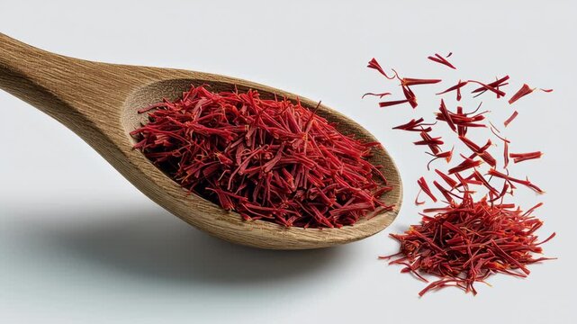 Close-up of vibrant saffron strands spilling from a wooden spoon, showcasing rich textures and colors, with a gradual zoom emphasizing the intricate details of the spice