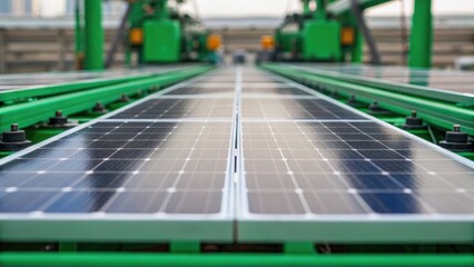 Solar panels lined up in a factory setting, showcasing a modern approach to renewable energy and sustainability.