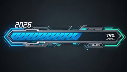 Futuristic loading bar with 2026 year indicator and 75 percent progress on dark background technology