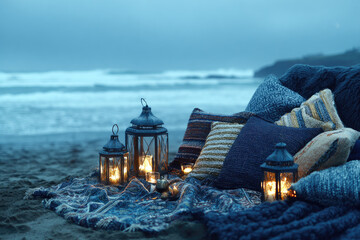 Aesthetic picnic setup on sandy beach with cozy pillows, patterned blankets and glowing lanterns creating warm inviting atmosphere by ocean at dusk
