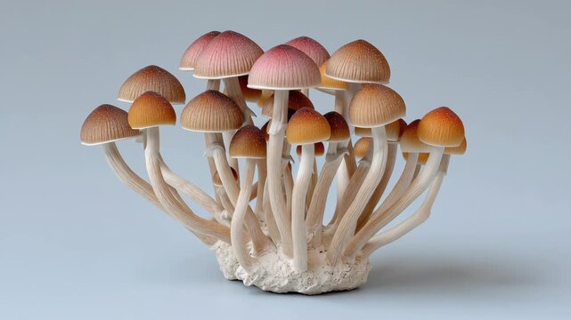 Vibrant cluster of mushrooms with delicate caps and slender stems, showcasing gradual color transitions, as the camera performs a smooth zoom in to reveal intricate details of the fungi