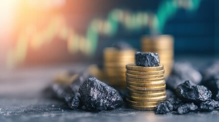 Coins and coal with graphs showing market changes in a finance setting