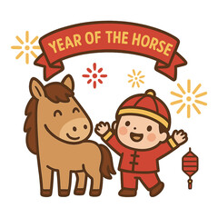 Fototapeta premium Celebrate the Year of the Horse Chinese New Year Festival featuring cute cartoon characters and fireworks