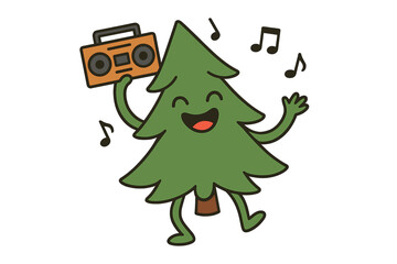 A cheerful, funky green fir tree cartoon character rendered in flat vector style, smiling and sprightly, with a spruce mascot dancing with a retro music player recorder, exuding fun and positive