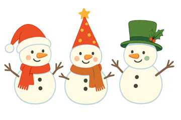 A hand‑drawn watercolor cartoon of Christmas featuring humorous snowmen wearing various festive hats, along with stylish New Year characters for postcards, posters, and window displays
