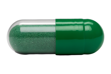Green and white capsule pill isolated on transparent background