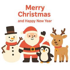 Fototapeta premium Festive cartoon characters and greetings for Merry Christmas and Happy New Year