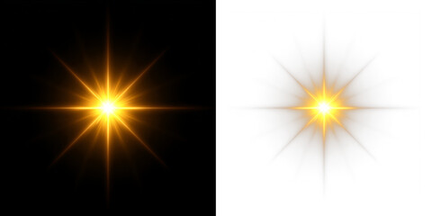 Glistering sunrise with golden rays, glowing sunbeam, sparkling star overlay, radiant lens flare, optical light effect, blue sky, summer energy, and magical luminous burst.