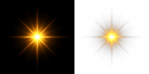 Glistering sunrise with golden rays, glowing sunbeam, sparkling star overlay, radiant lens flare, optical light effect, blue sky, summer energy, and magical luminous burst.